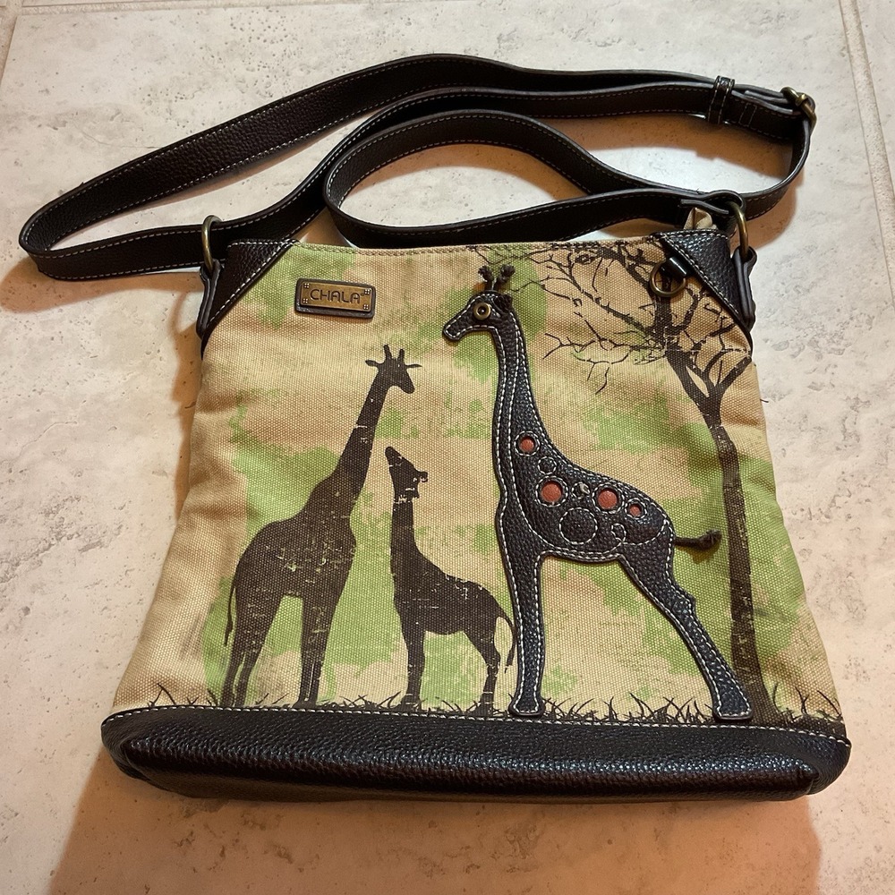 NWOT Chala SAFARI, 3D Giraffe, Crossbody Canvas Tote, Brown Leather,